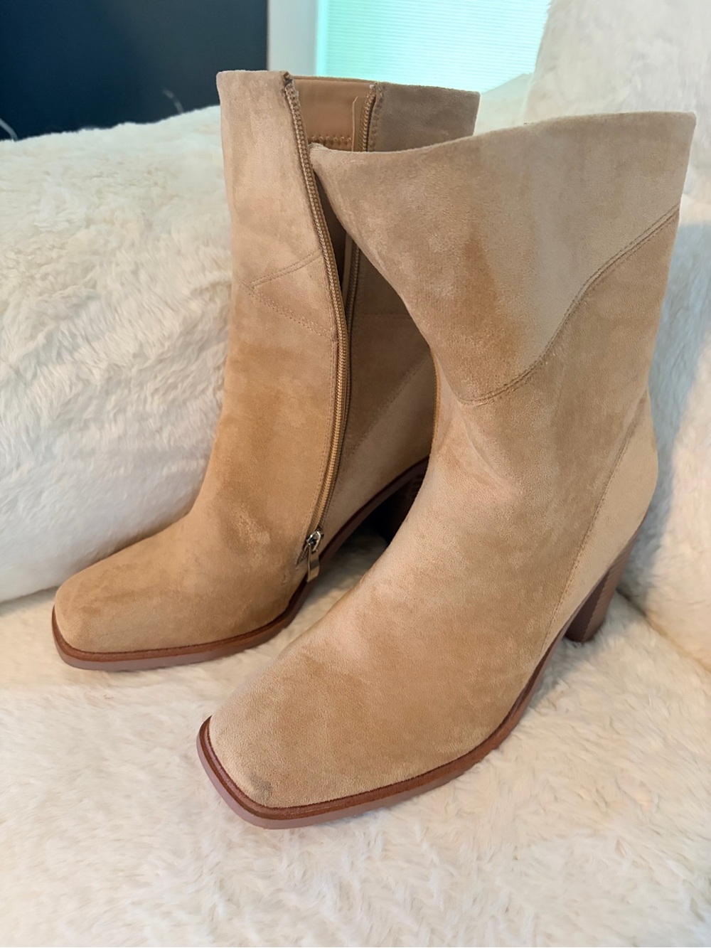 Suede Mid-Calf Heeled Boots - Camel